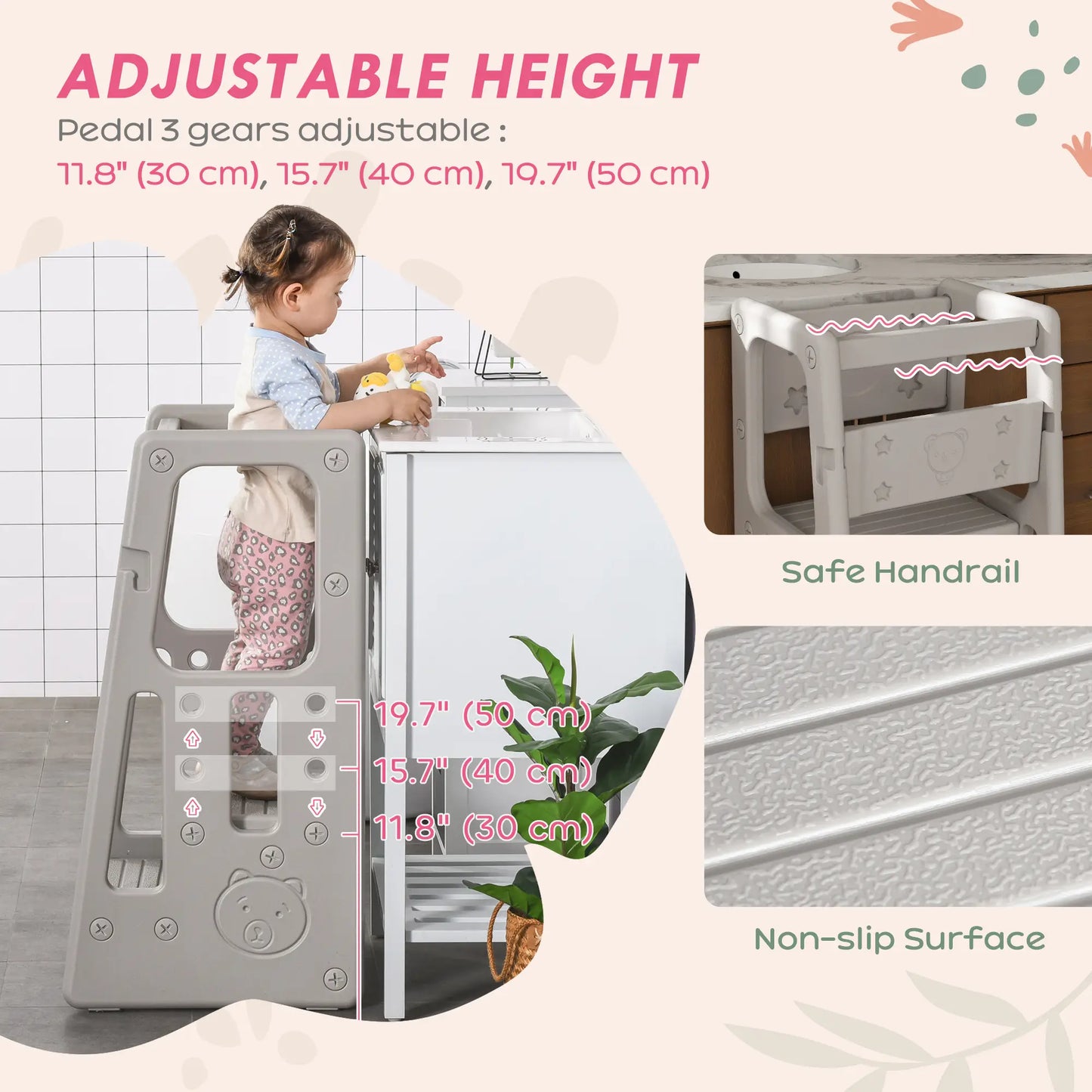 Toddler Kitchen Helper Stool, Adjustable Height, Safety Rail, Grey Toddler & Kids Step Stools at Gallery Canada