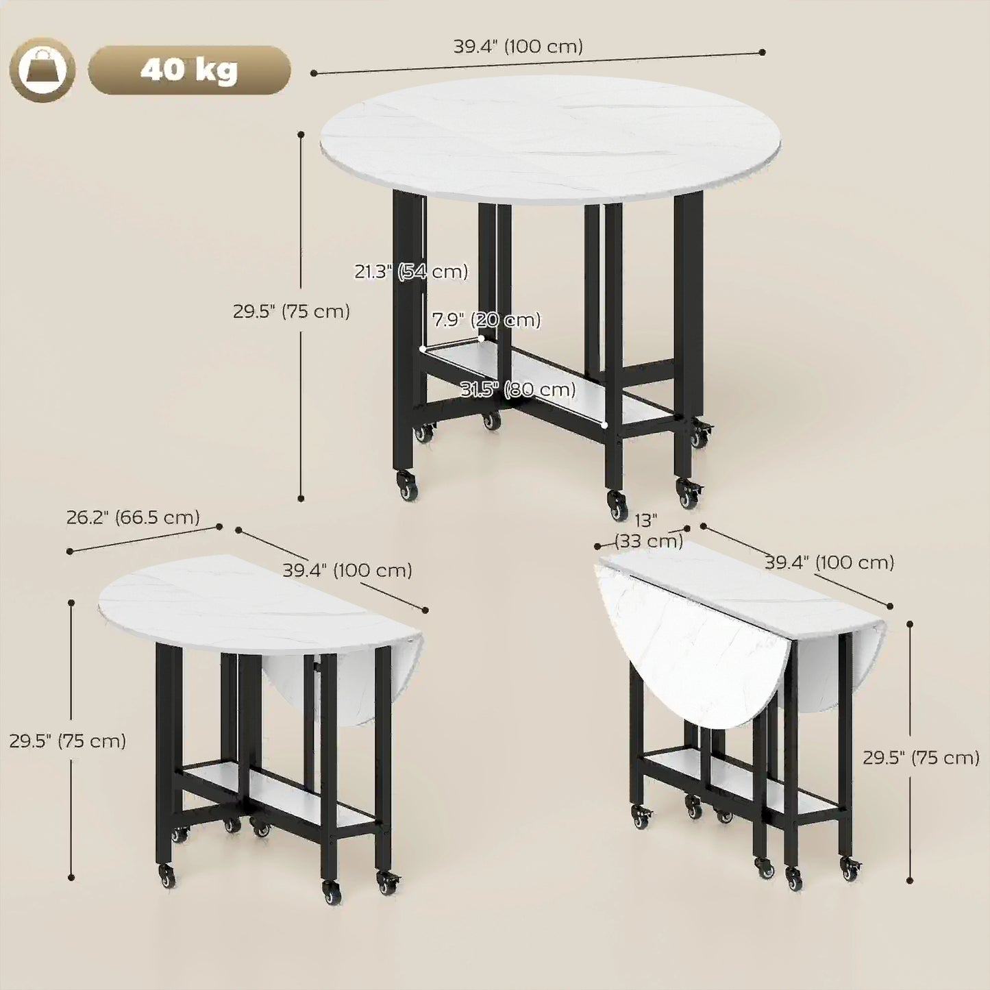 Folding Drop Leaf Table, White Marble, Open Shelf, Rolling Kitchen Table, White Dining Tables at Gallery Canada