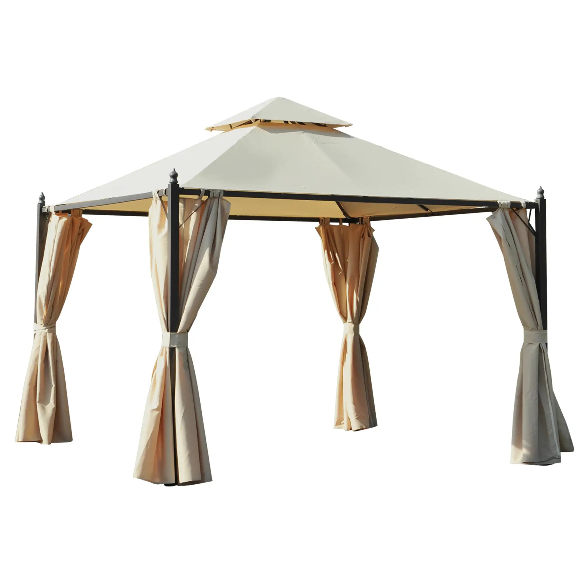 10x10ft Gazebo Canopy, Garden Shelter, Sun Shade with Curtains, Beige Gazebos Dark coffee frame, Beige at Gallery Canada