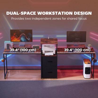 96 Inch Gaming Desk, Dual Computer Desk, Rustic Brown, Brown