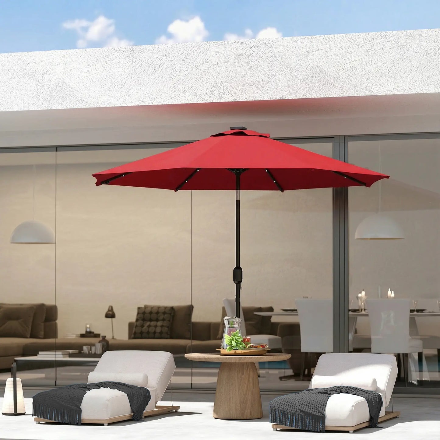 9ft Solar Patio Umbrella, 24 LED Lights, Tilt, Wine Red Sun Umbrellas at Gallery Canada