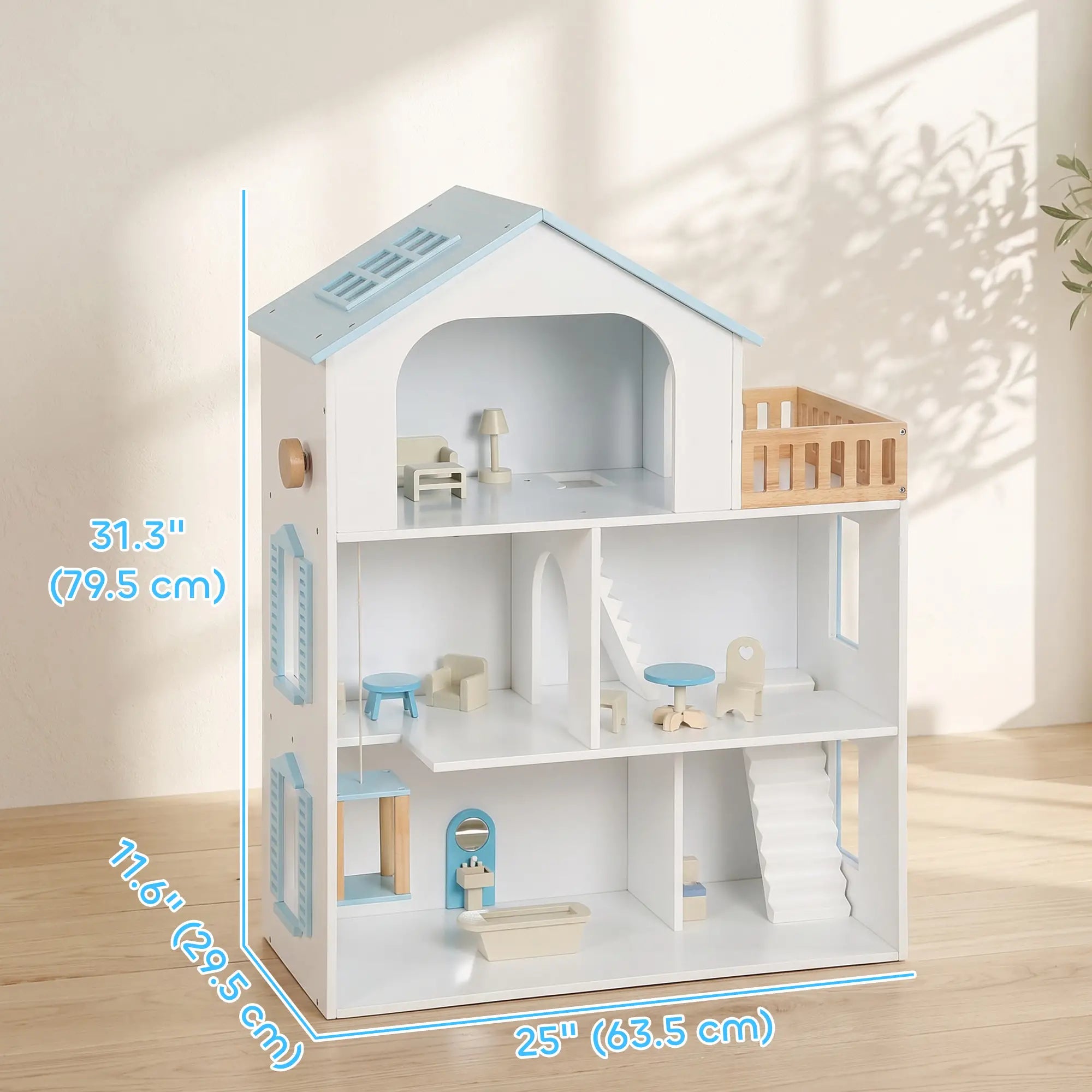 Wooden Doll House with Elevator, 5 Rooms, 13 Accessories, Blue Play Houses at Gallery Canada