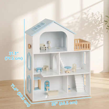 Wooden Doll House with Elevator, 5 Rooms, 13 Accessories, Blue Play Houses at Gallery Canada