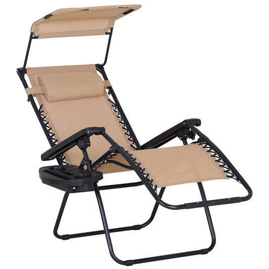 Zero Gravity Reclining Lounger Chair, Canopy Shade, Side Tray, Cupholder, Beige Lounger Chairs Beige at Gallery Canada