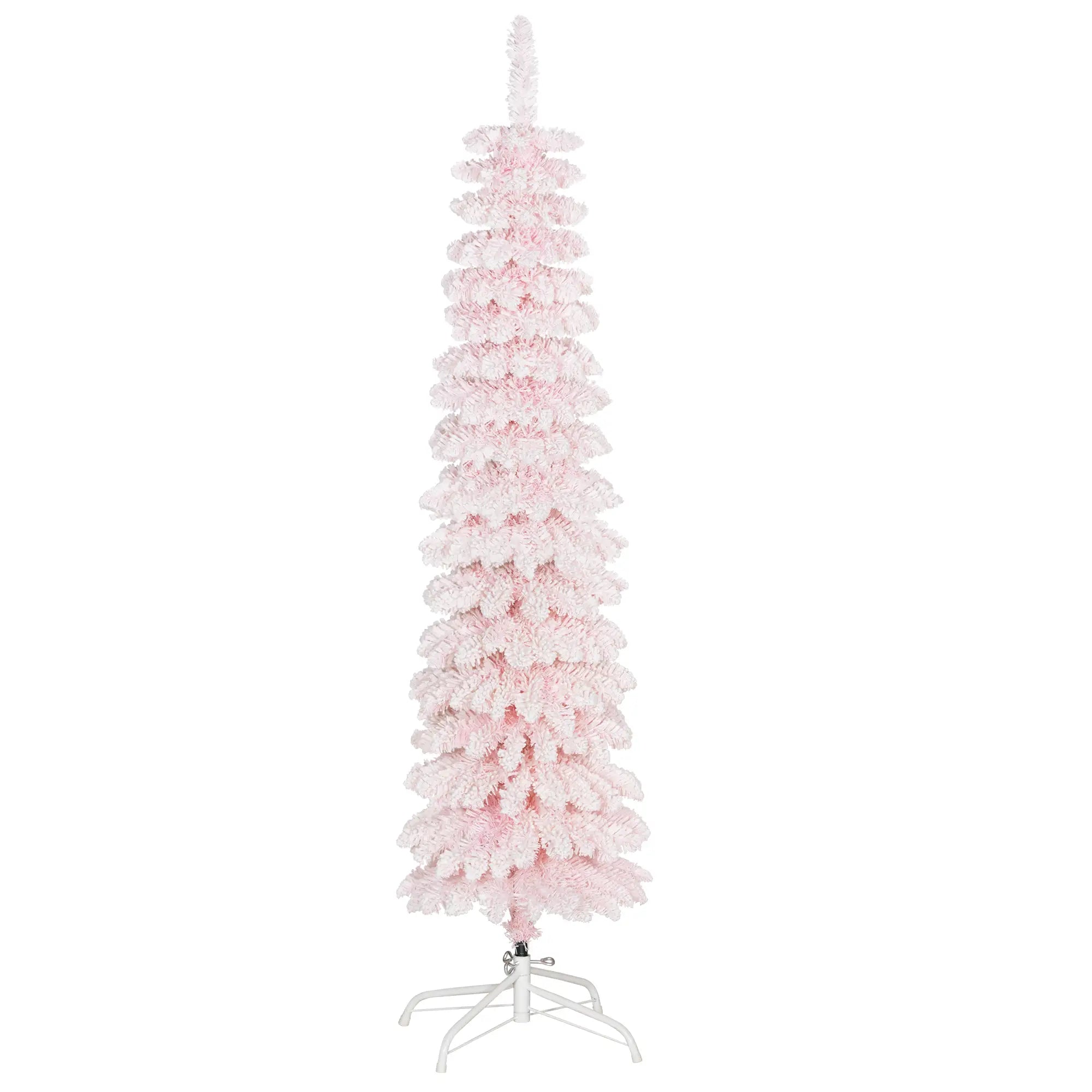 5ft Snow-Flocked Slim Pencil Christmas Tree, 301 Branches, Metal Base, Pink Pencil Christmas Trees at Gallery Canada
