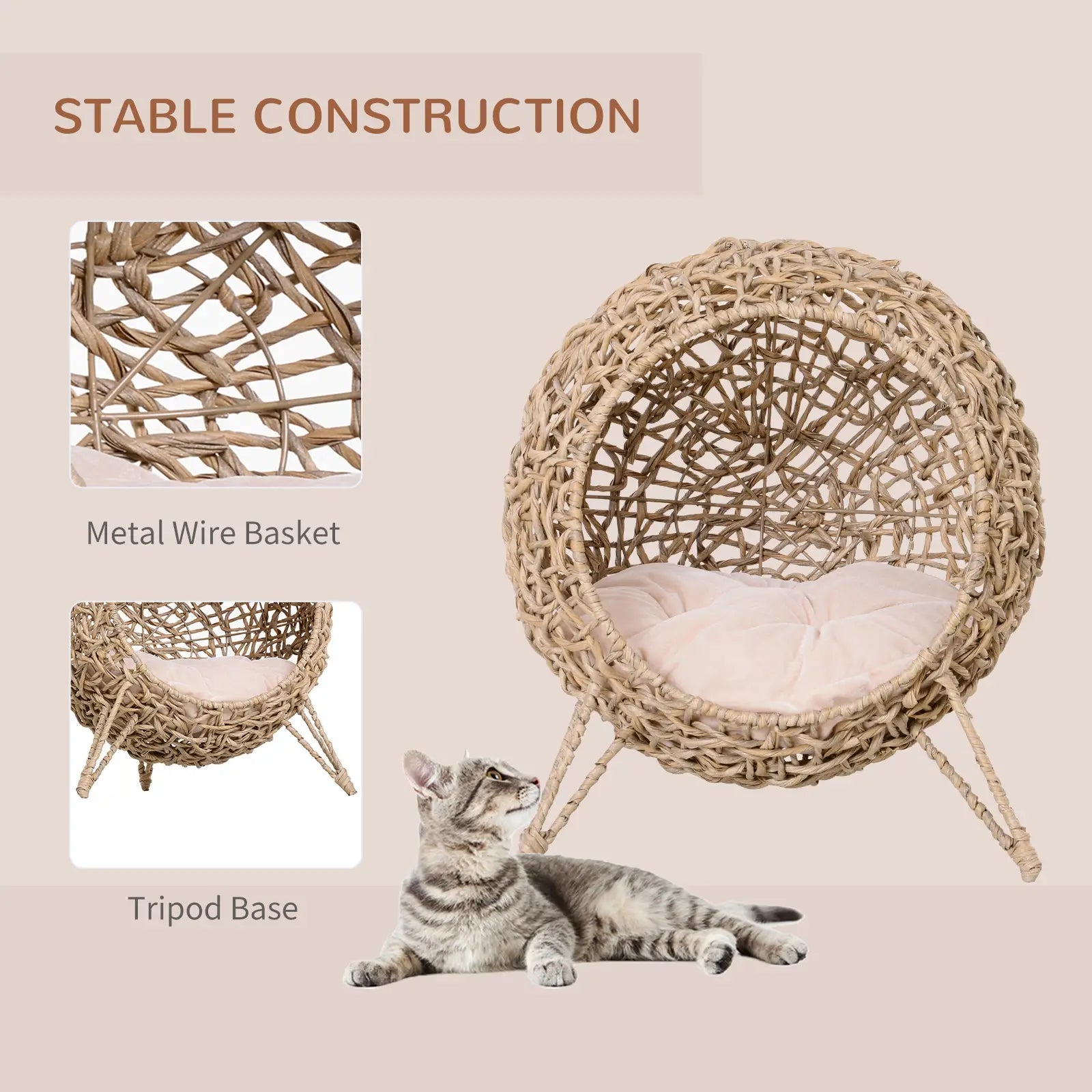 Rattan Cat House with Cushion, Elevated Wicker Kitten Bed, Natural Wood Cat Houses at Gallery Canada