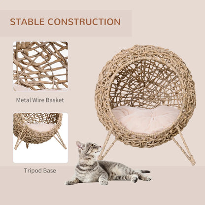 Rattan Cat House with Cushion, Elevated Wicker Kitten Bed, Natural Wood Cat Houses at Gallery Canada