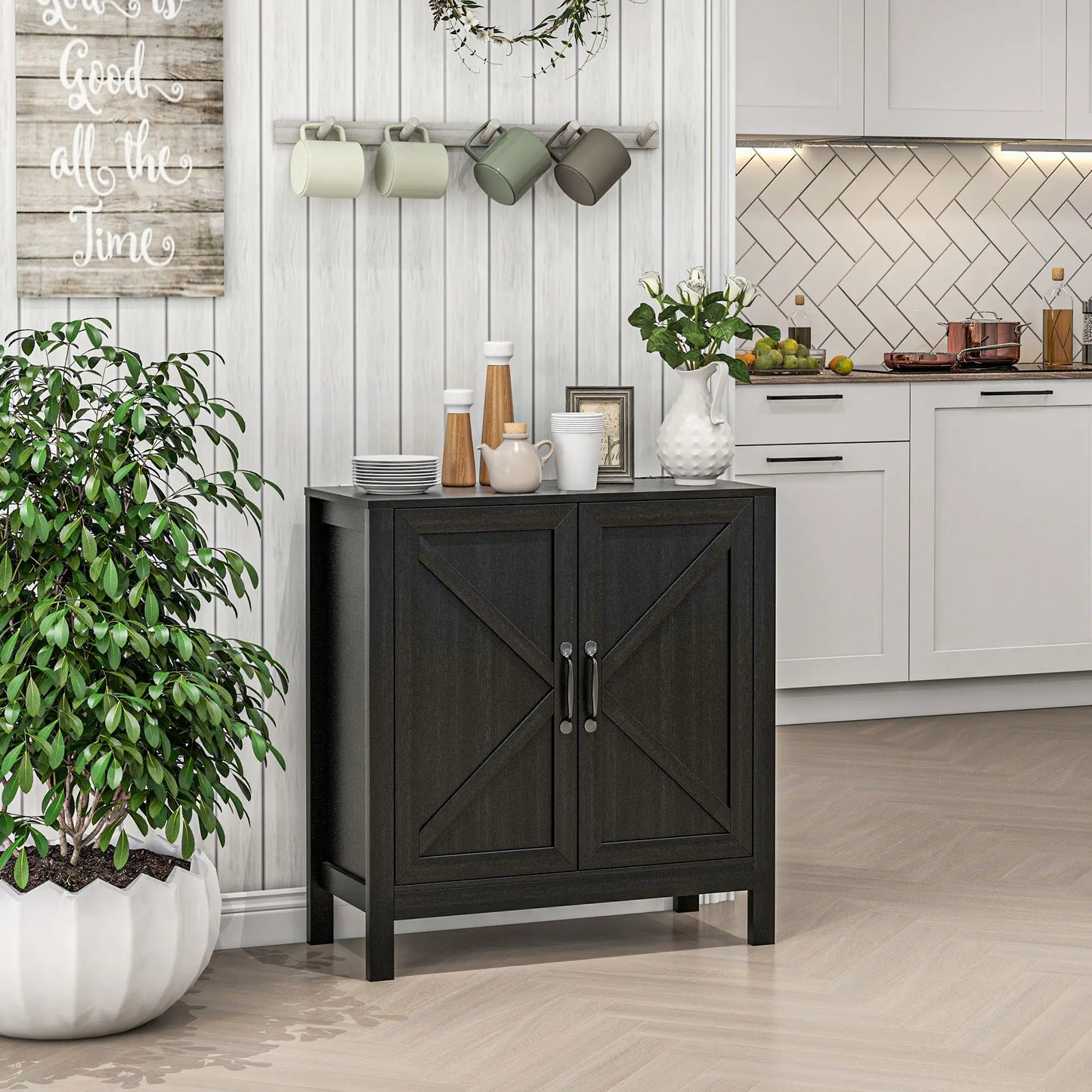 Sideboard Buffet, Kitchen Cabinet with Barn Door, Adjustable Shelves, Black Oak, Black Bar Cabinets at Gallery Canada