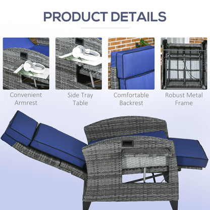 Outdoor Recliner Chair, Adjustable Backrest, Cushion, Side Tray, Dark Blue Wicker Chaise Loungers at Gallery Canada