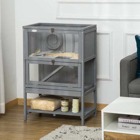 Wooden Hamster Cage, Mice Hutch with Storage, Sliding Tray, Running Wheel Hamster Cages Grey at Gallery Canada