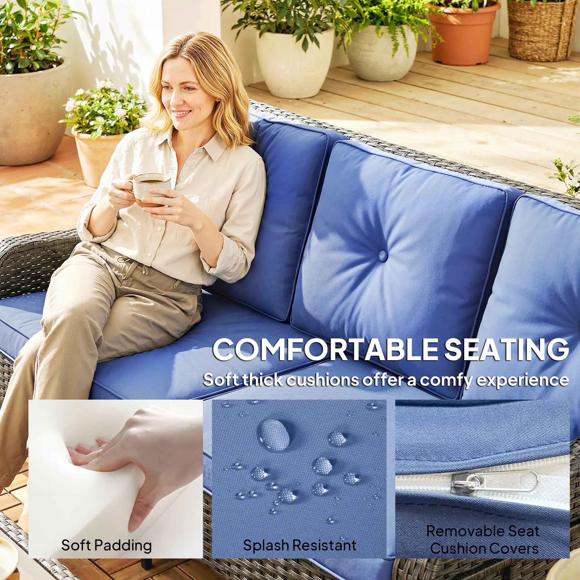 3 Seater Wicker Patio Sofa With Cushions, Deep Blue Patio Furniture Sets at Gallery Canada