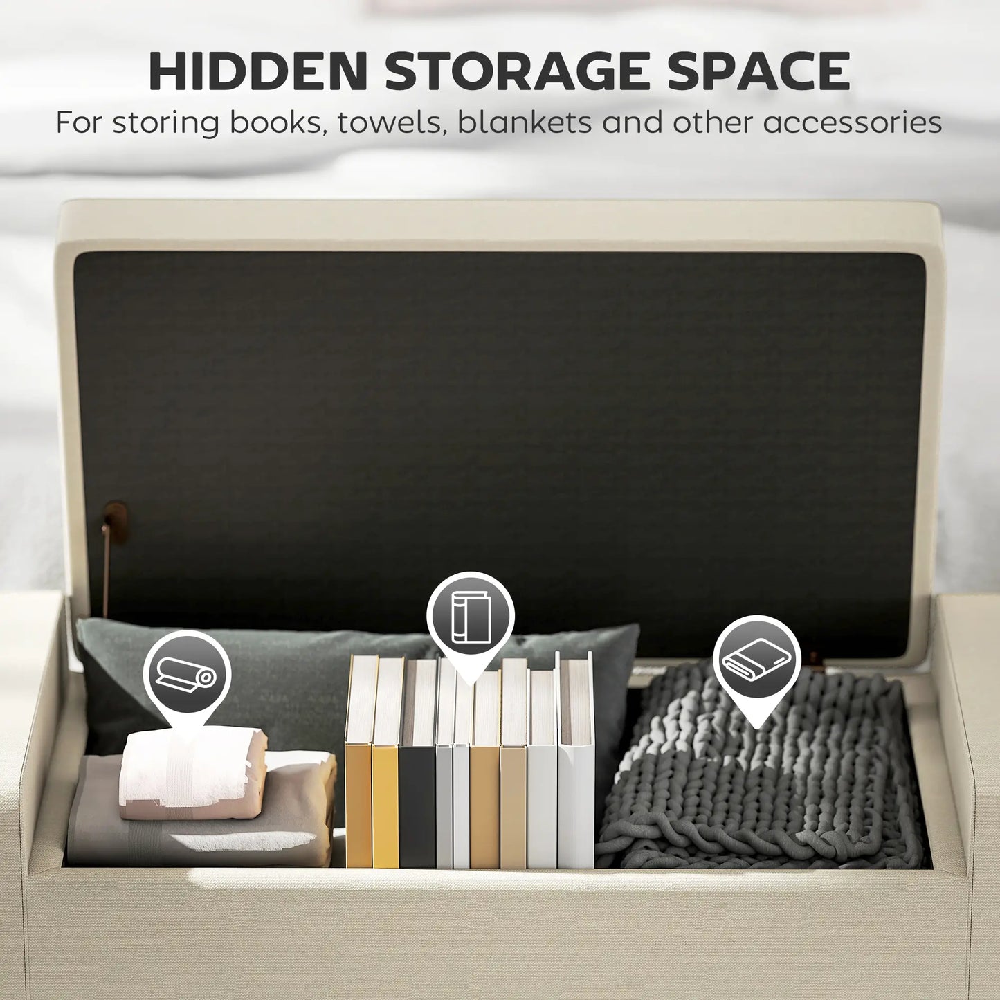 Storage Ottoman Bench, Tufted Linen Fabric, Flip Top, Beige Storage Ottomans & Benches at Gallery Canada