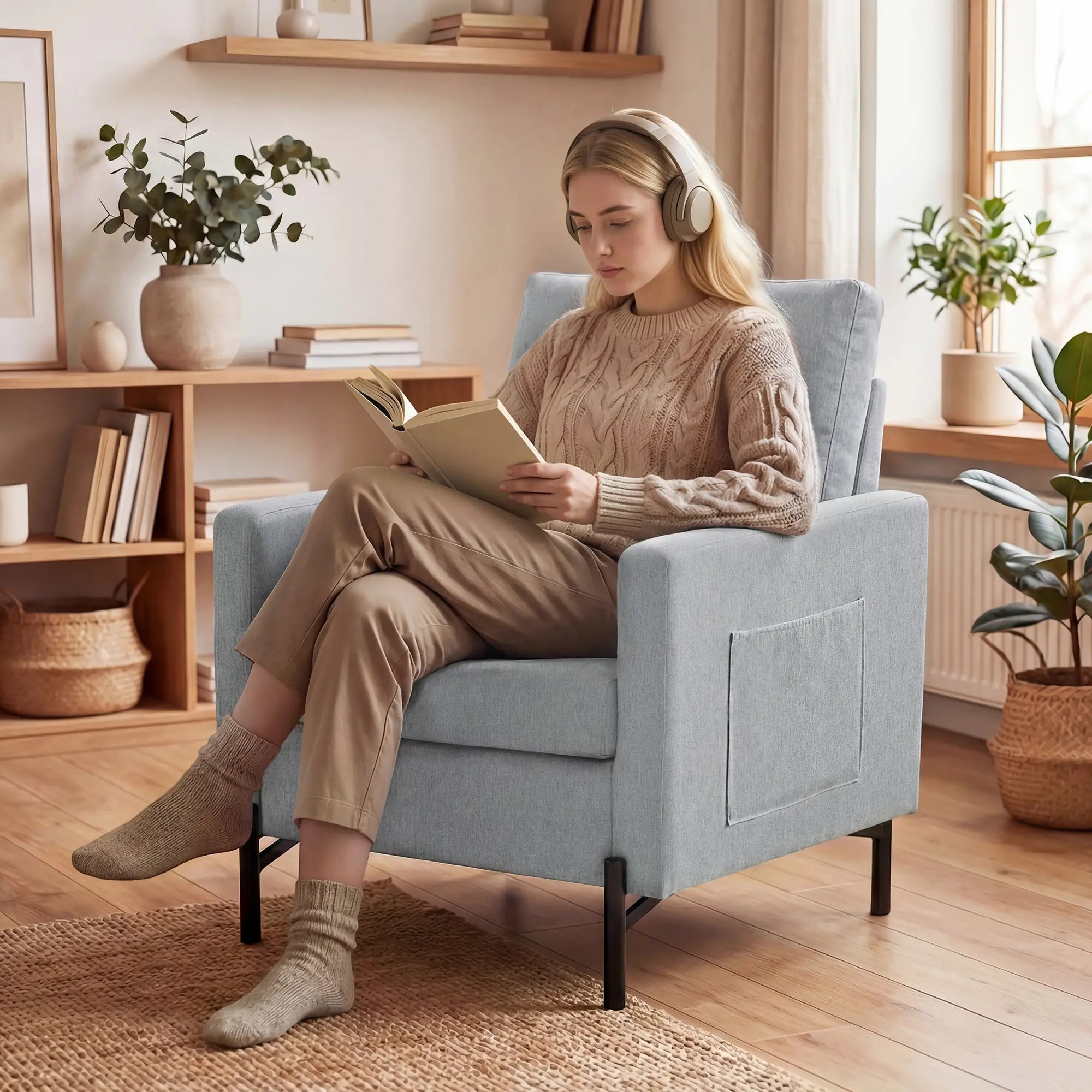 Modern Upholstered Armchair With Side Pockets, Cushion, Light Grey Accent Chairs at Gallery Canada