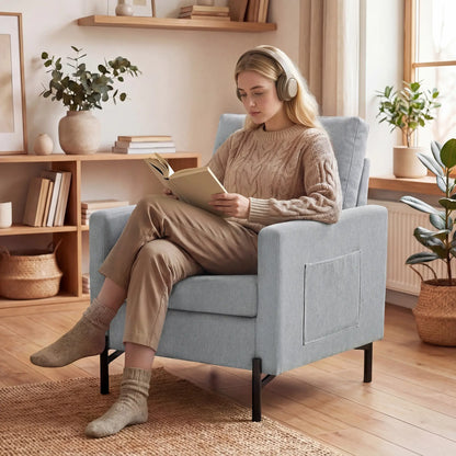 Modern Upholstered Armchair With Side Pockets, Cushion, Light Grey Accent Chairs at Gallery Canada