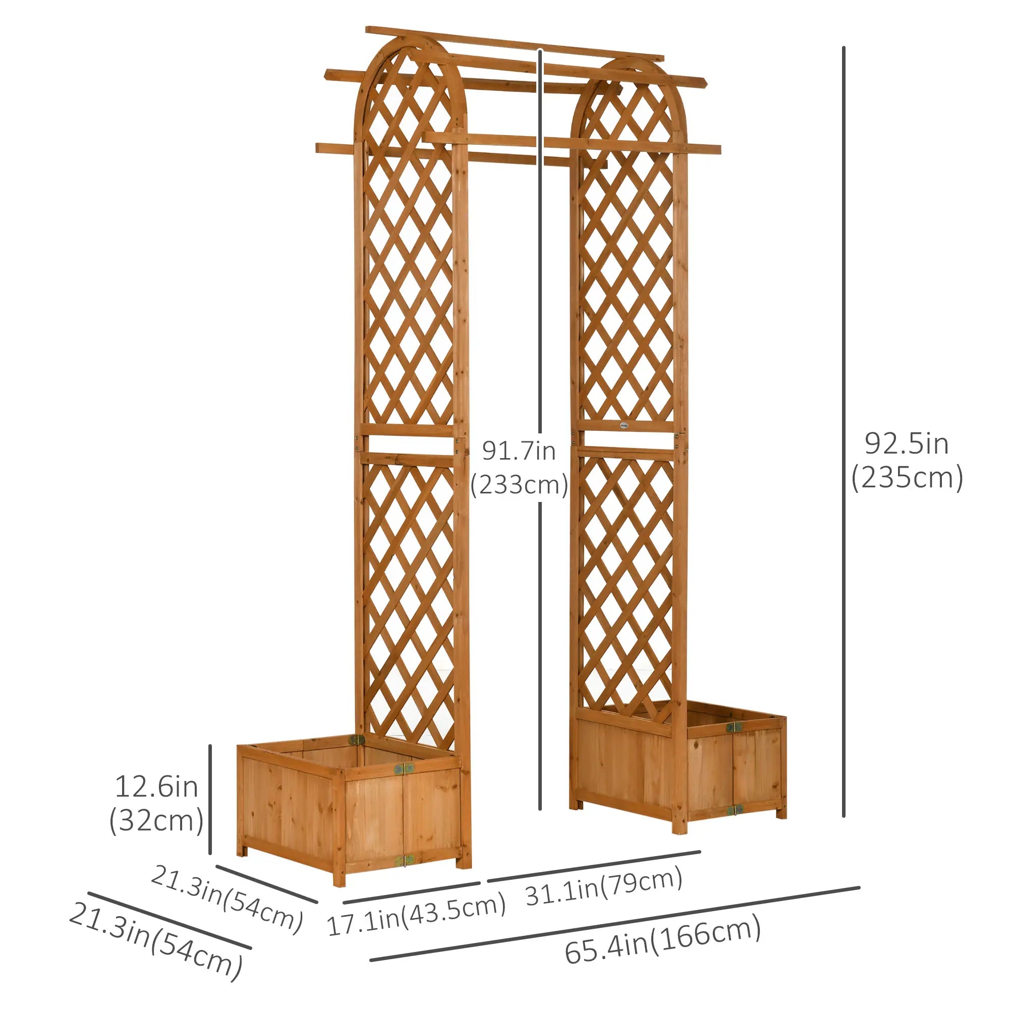 7.7FT Garden Arch, 2 Foldable Planter Boxes, Wooden Trellis Arbor, Brown Garden Arches at Gallery Canada