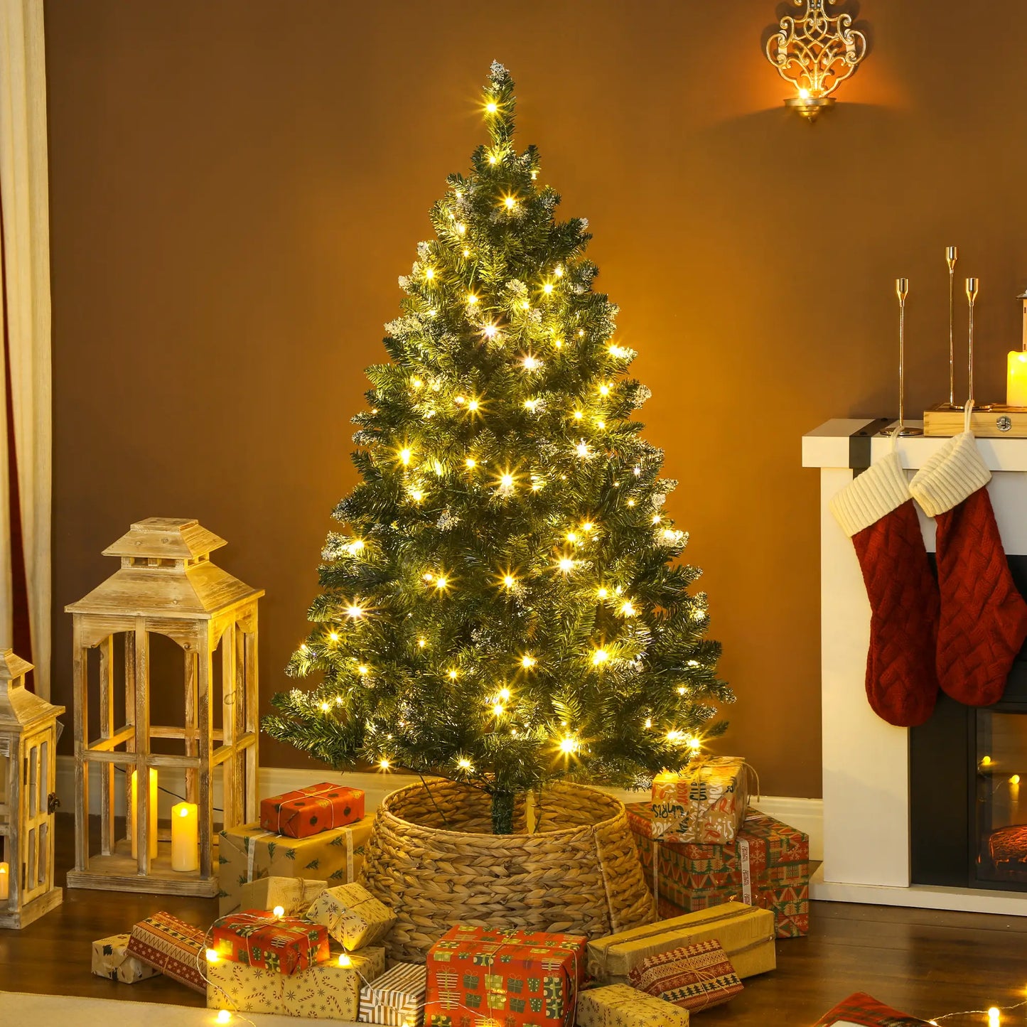 5 ft Frosted Prelit Christmas Tree, Dual Colour LED Light, Hinged, Easy Assembly, Dual Colour Pre Lit Christmas Trees at Gallery Canada