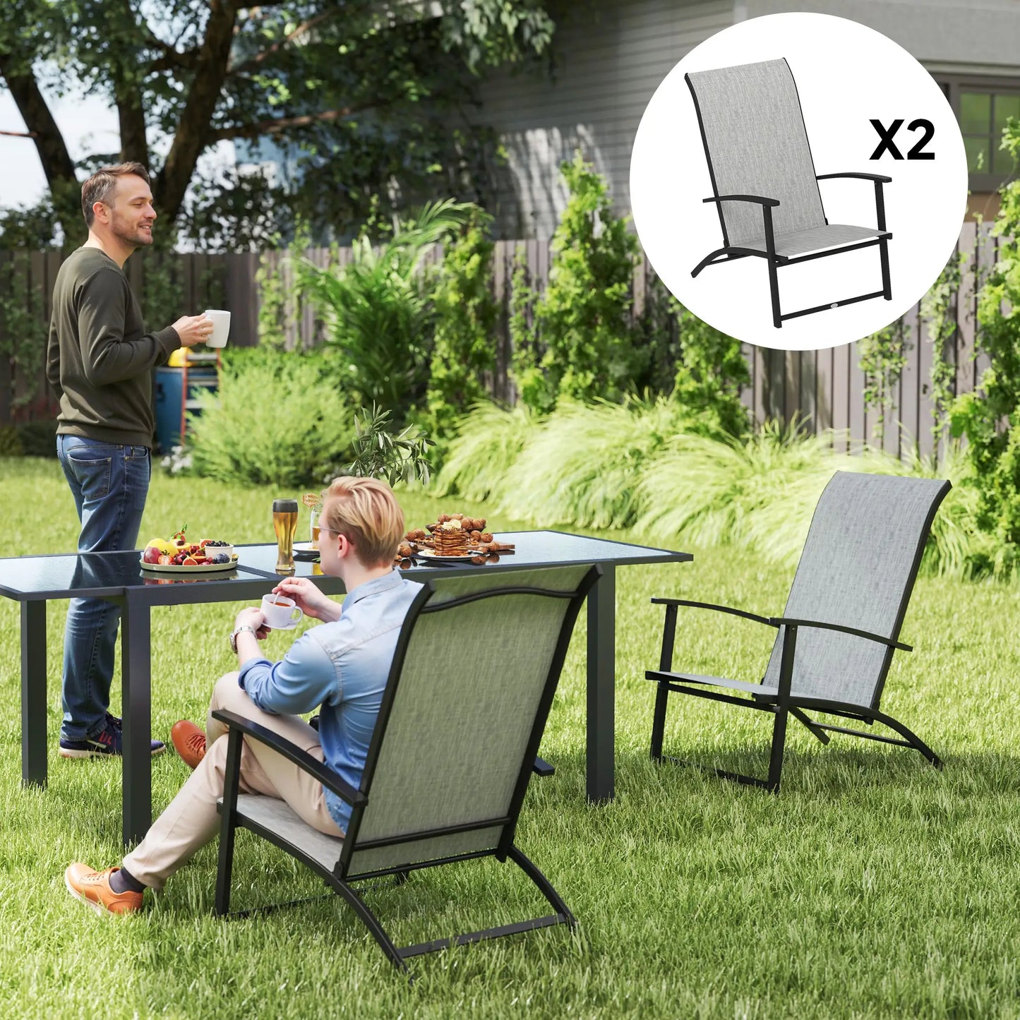 Set of 2 Folding Lawn Chairs, Outdoor with Armrests, High Backrest, Grey Patio Chairs at Gallery Canada