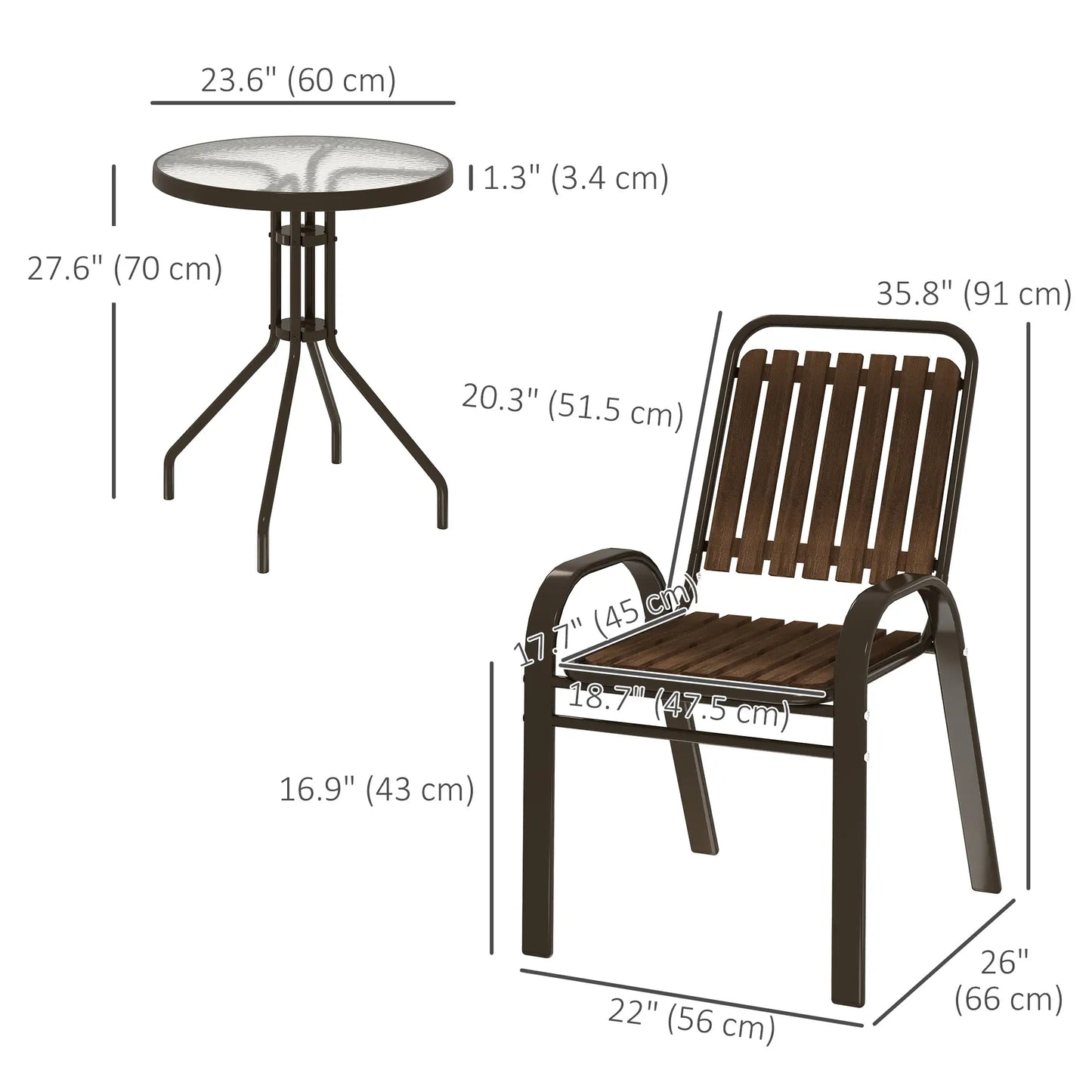 3pc Patio Bistro Set, 2 Stackable Chairs with Glass Table, Outdoor, Dark Brown Bistro Sets at Gallery Canada