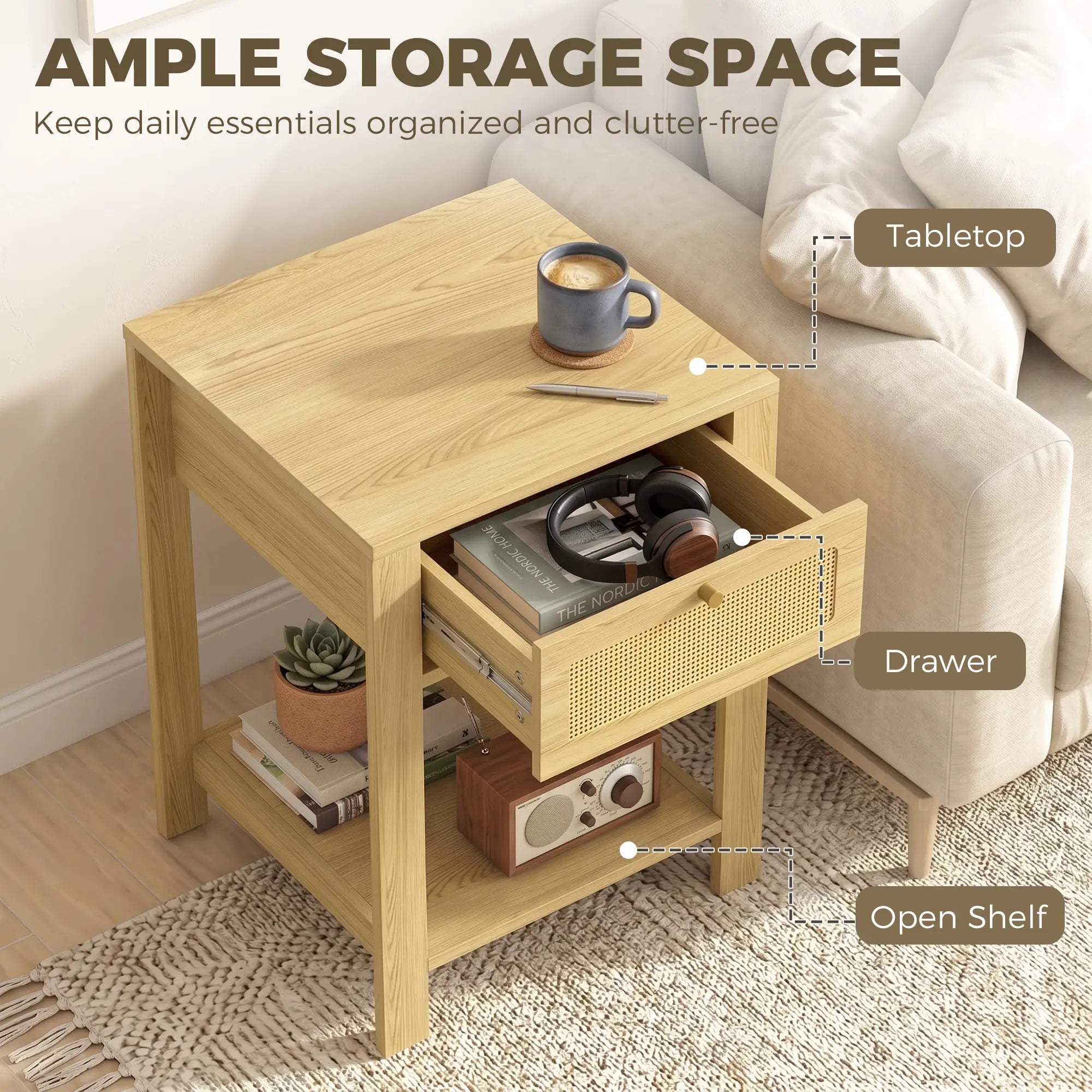 Nightstand Set of 2 With Drawer & Shelf, Natural Wood, Natural Wood Side Tables at Gallery Canada