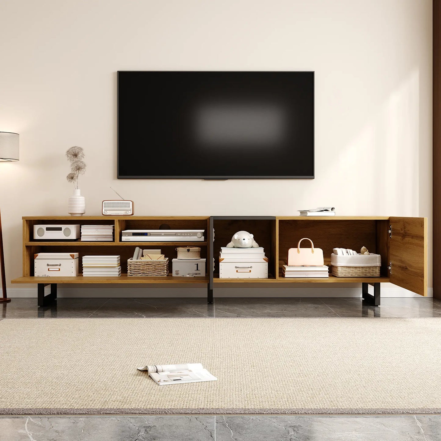 TV Stand, U-Shaped Metal Legs, 3 Doors, 2 Compartments, 67" L x 14" W x 16.5" H, Black+Natural TV Stands at Gallery Canada