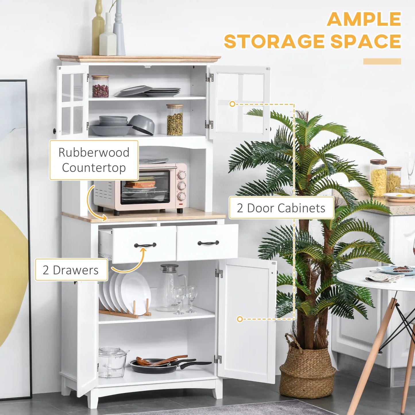 Buffet de cuisine style côtier, armoire de rangement en bois, porte vitrée encadrée, blanc