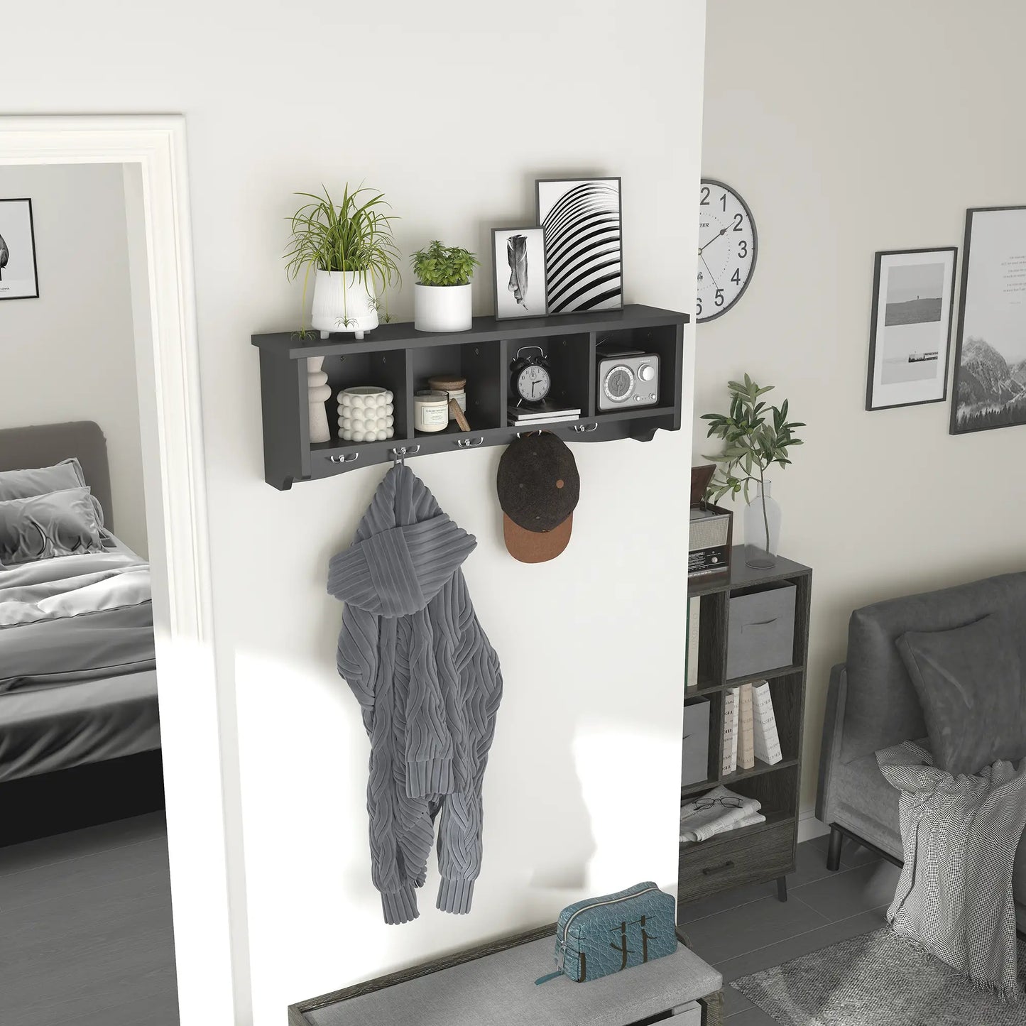 Wall Mount Coat Rack with Shelf, 28", 5 Hooks, 4 Compartments, Black