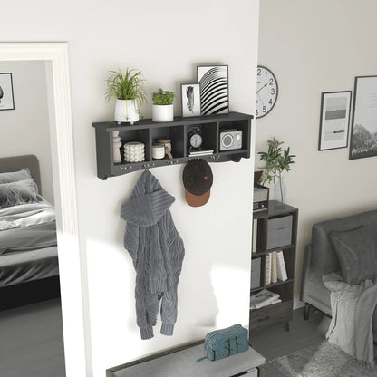 Wall Mount Coat Rack with Shelf, 28", 5 Hooks, 4 Compartments, Black