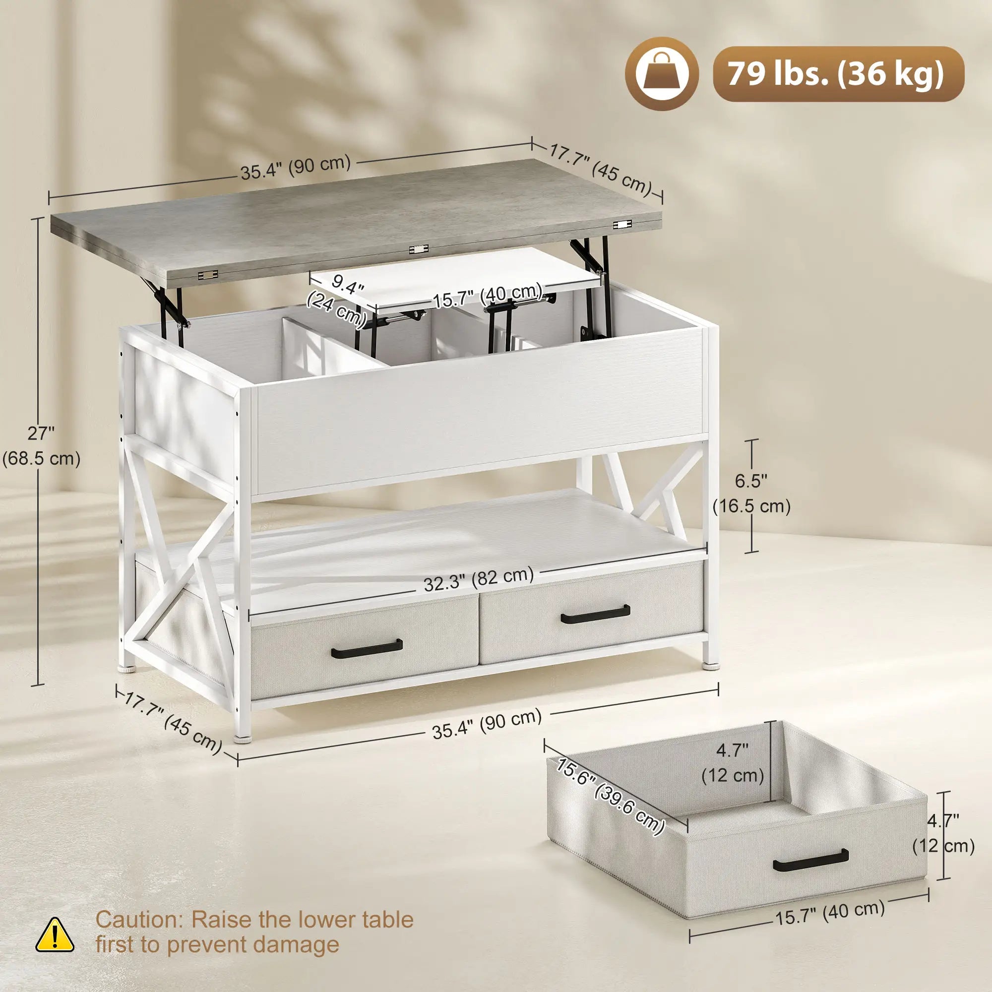 Modern Coffee Table, Lift Top with Fabric Drawers, Hidden Storage, Cement Grey Coffee Tables at Gallery Canada