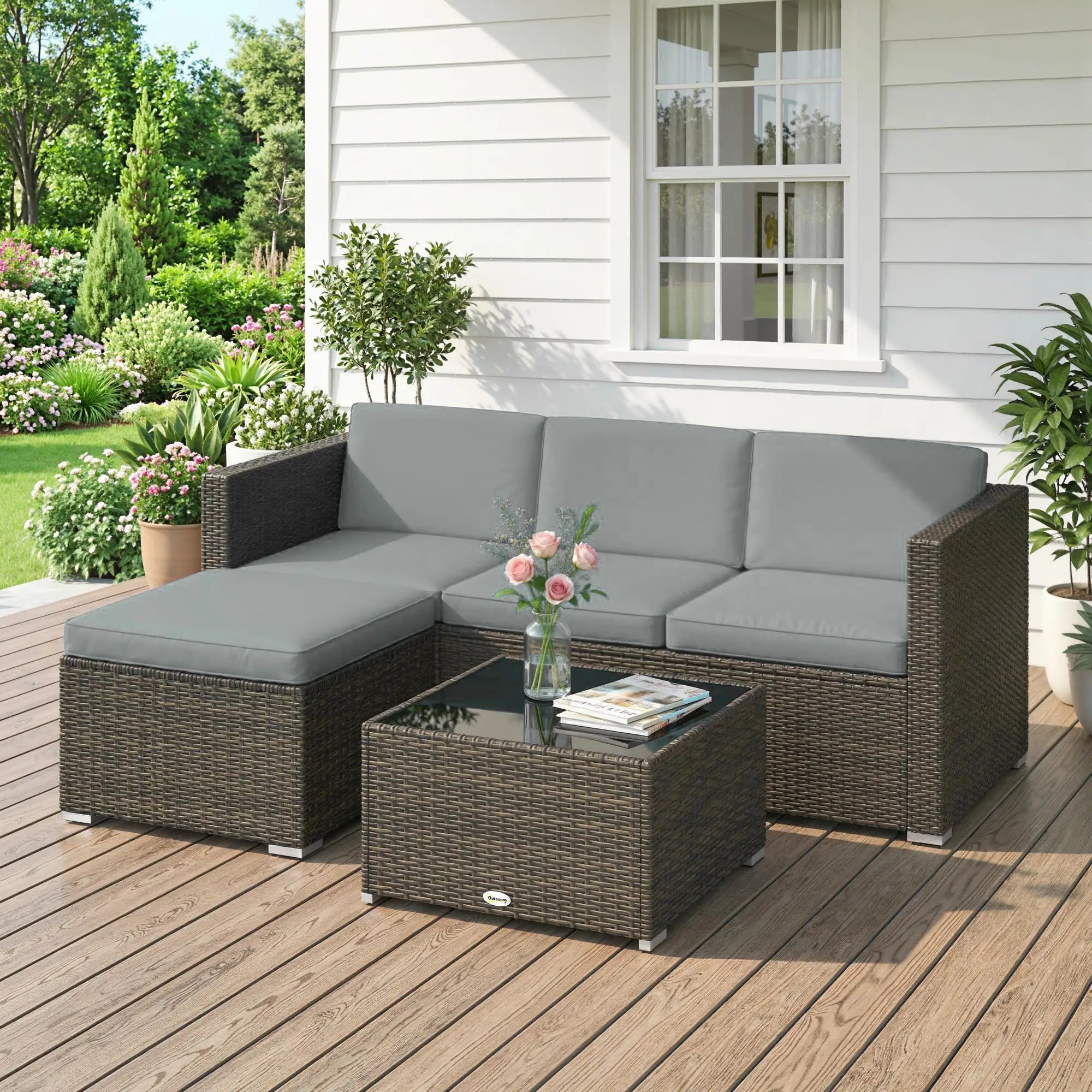 3-Piece Patio Furniture Set With Cushions, Outdoor Rattan Sofa With Glass Table Patio Furniture Sets at Gallery Canada