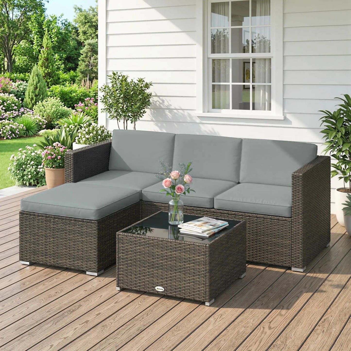 3-Piece Patio Furniture Set With Cushions, Outdoor Rattan Sofa With Glass Table Patio Furniture Sets at Gallery Canada