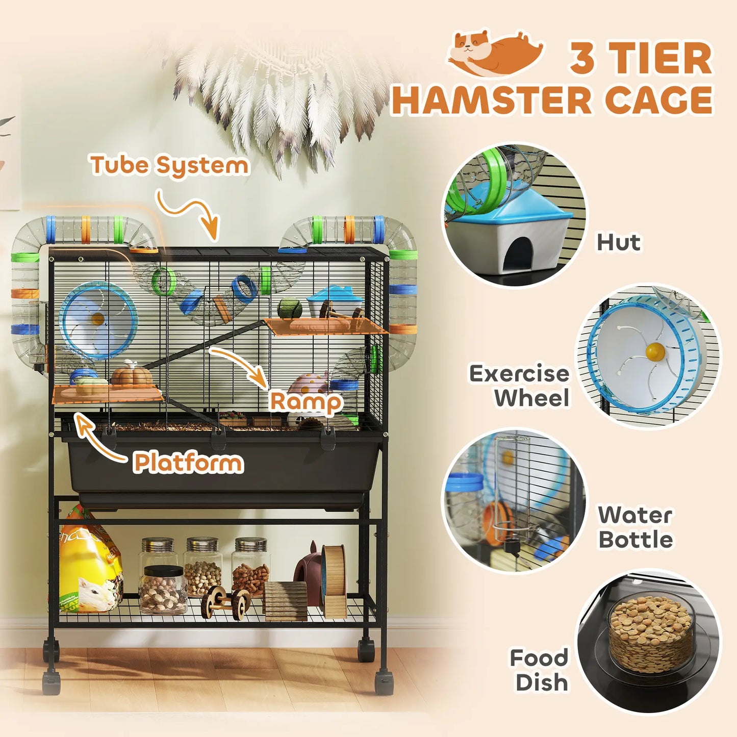 3 Tier Rolling Hamster Cage, 7" Deep Tray, Exercise Wheel, Tube System Hamster Cages at Gallery Canada