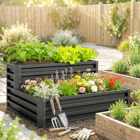 2 Tier Raised Garden Bed, 47" x 40" x 23", Galvanized Steel, Dark Grey Galvanized Planter Boxes Dark Grey at Gallery Canada