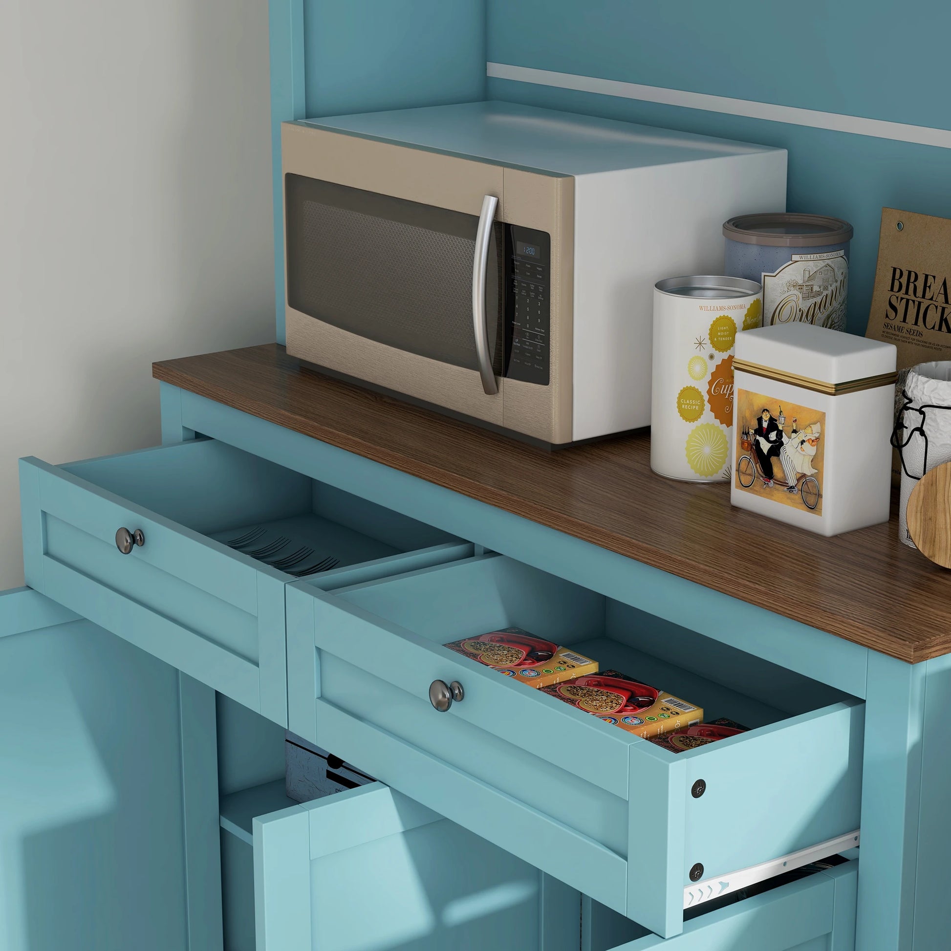 71" Pantry Cabinet with Microwave Space, Buffet Hutch, 2 Drawers, Adjustable Shelves, Glass Doors, Blue Kitchen Pantry Cabinets at Gallery Canada