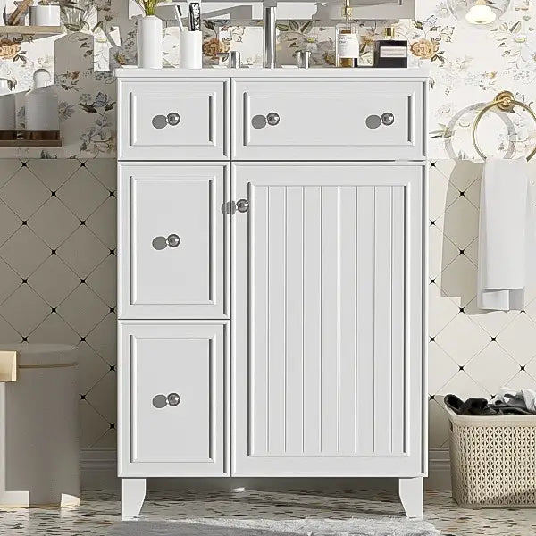 Bathroom Vanity Cabinet, 2 Drawers, Ceramic Sink, Solid Wood, 24
