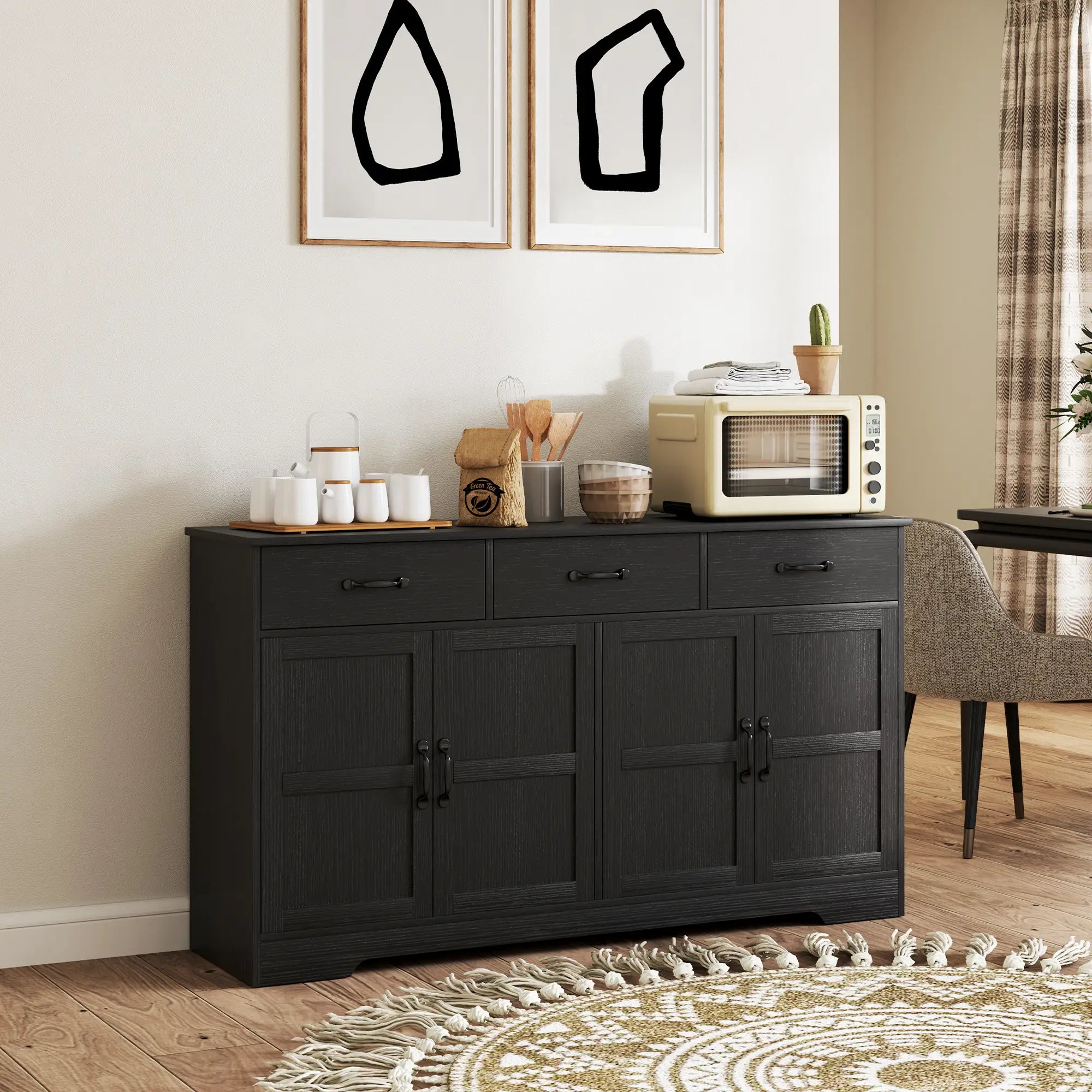 Modern Sideboard Buffet Cabinet, 3 Drawers, Adjustable Shelves, Distressed Black, Black Bar Cabinets at Gallery Canada