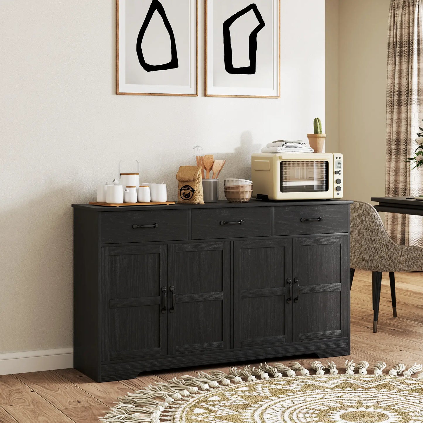 Modern Sideboard Buffet Cabinet, 3 Drawers, Adjustable Shelves, Distressed Black, Black Bar Cabinets at Gallery Canada