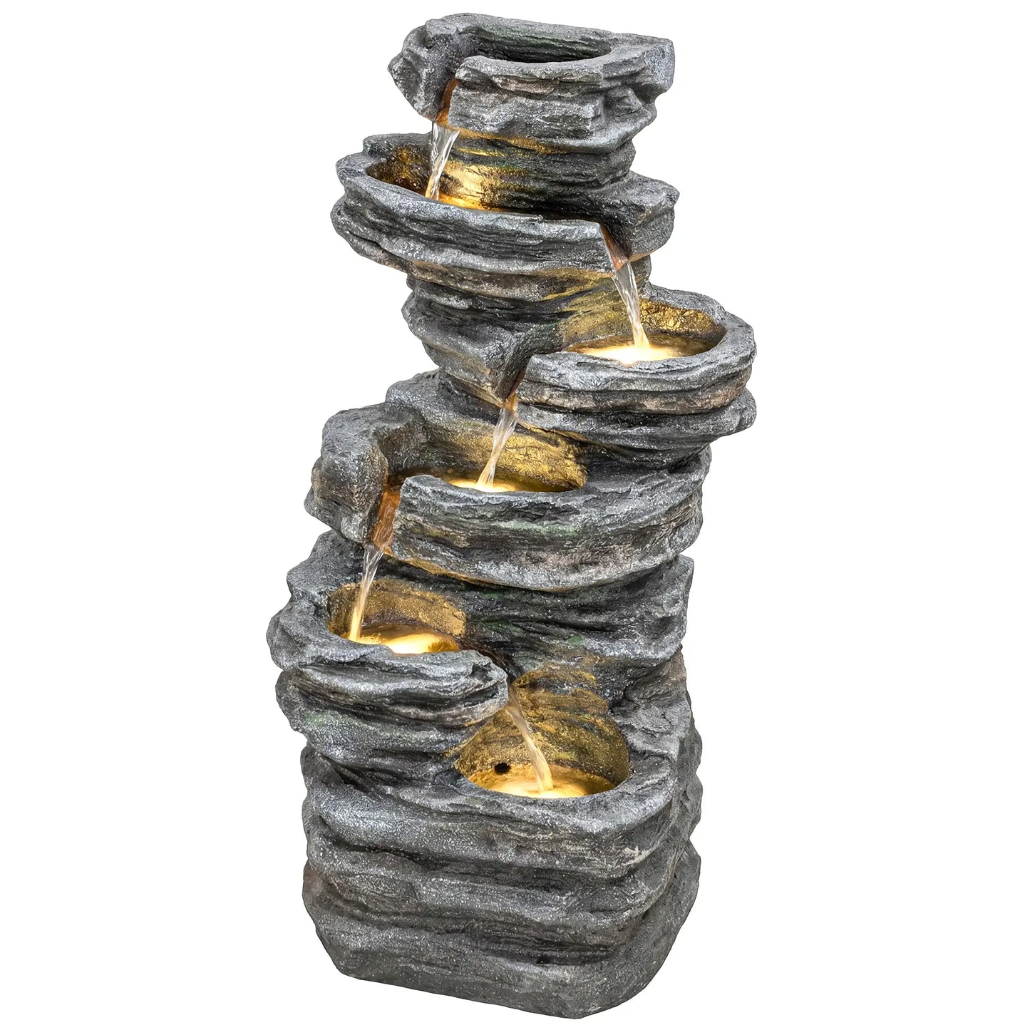 Outdoor 6-Tier Water Fountain, Waterfall With LED Lights, Resin Feature, Grey Water Fountains Grey at Gallery Canada