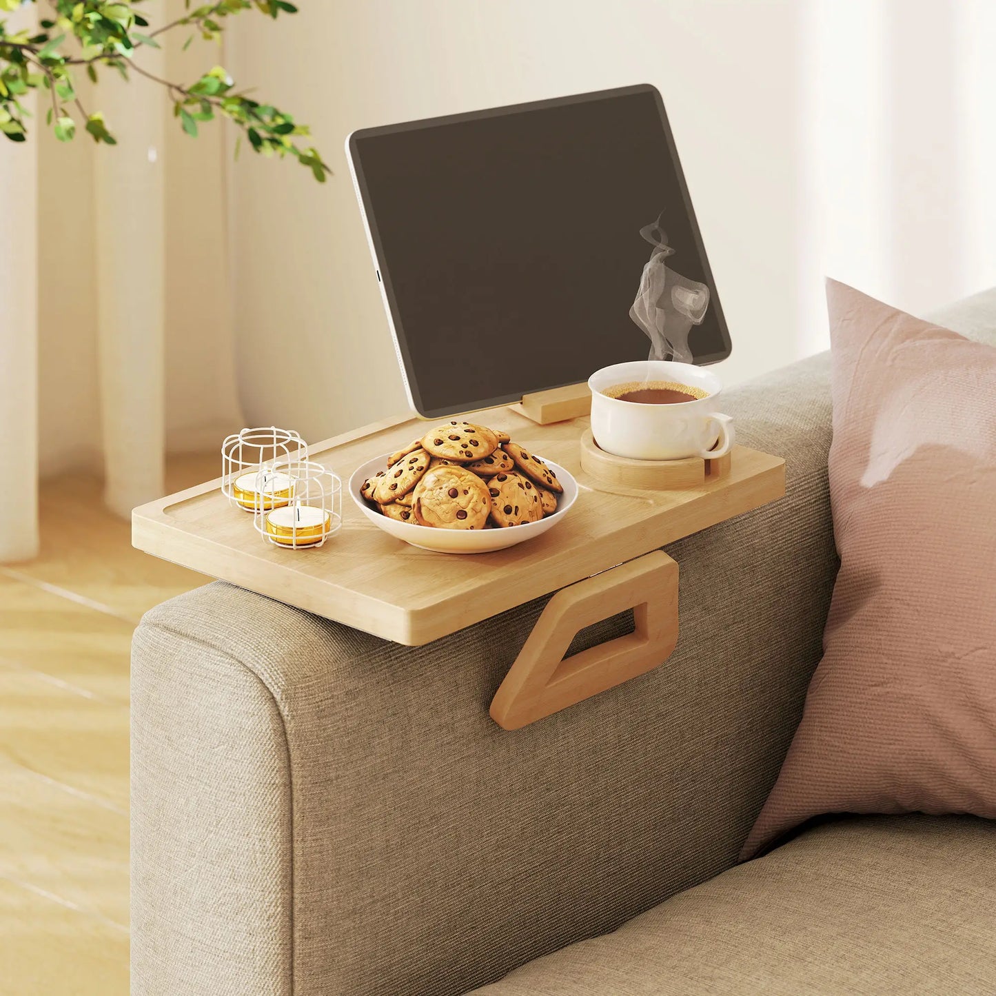 Clip-On Side Table, 360 Rotating Phone Holder, Removable Cup Holder, Natural Living Room Furniture at Gallery Canada