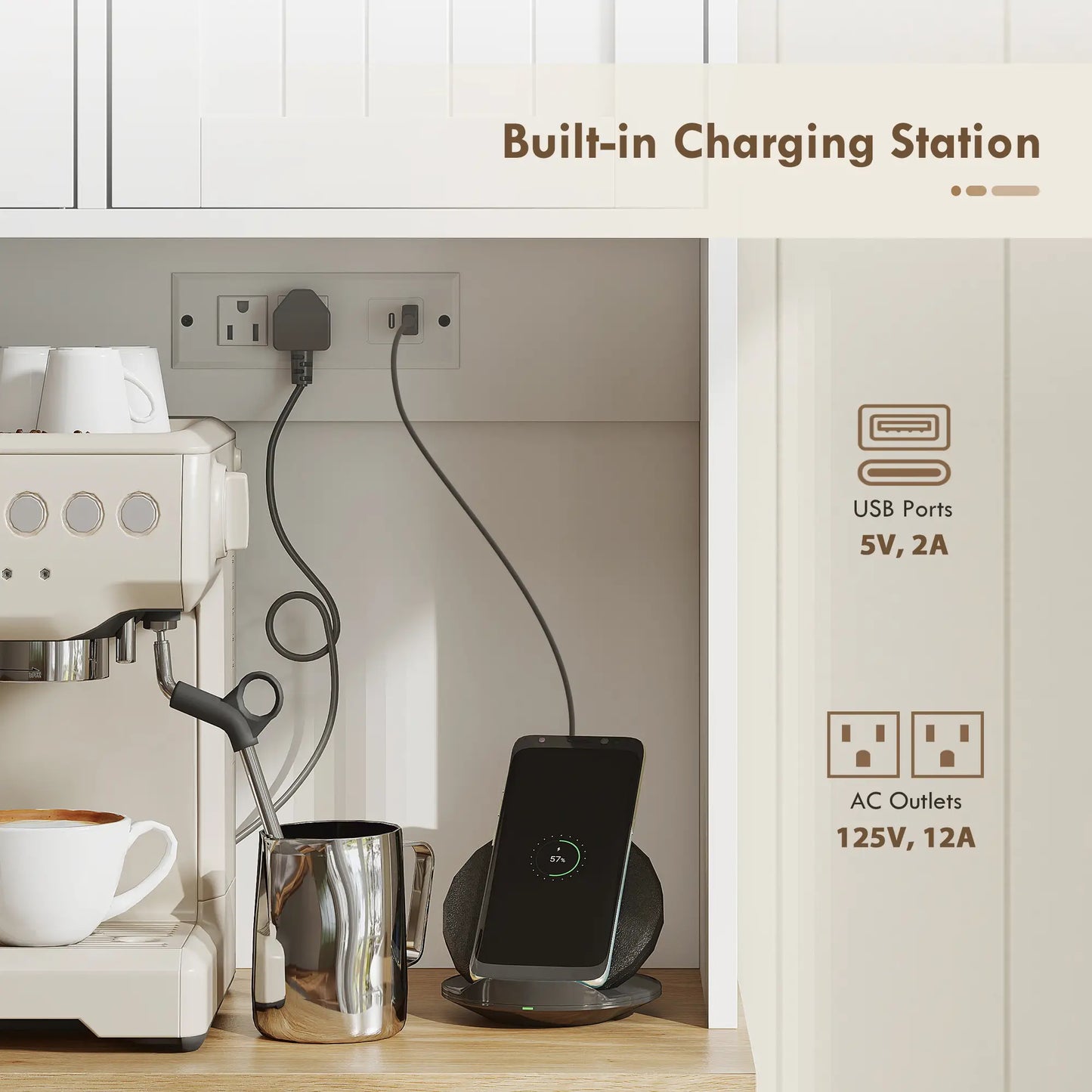 68 Inch Pantry Cabinet with Charging Station, Microwave Stand, 4 Door Racks, White Kitchen Pantry Cabinets at Gallery Canada