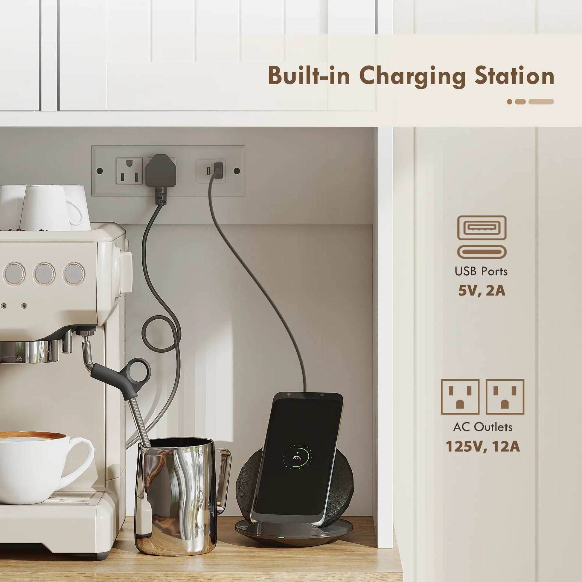 68 Inch Pantry Cabinet with Charging Station, Microwave Stand, 4 Door Racks, White Kitchen Pantry Cabinets at Gallery Canada