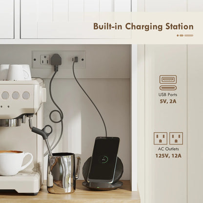 68 Inch Pantry Cabinet with Charging Station, Microwave Stand, 4 Door Racks, White Kitchen Pantry Cabinets at Gallery Canada