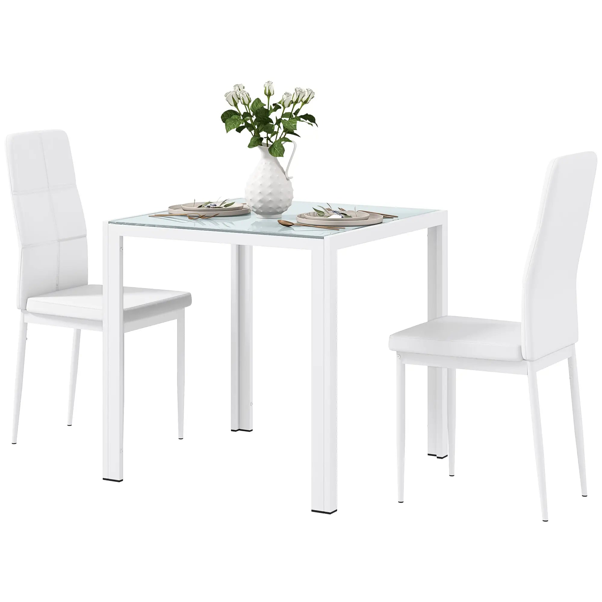 3-Piece Rectangular Glass Dining Table, Metal Frame, Faux Leather Chairs, White Bar Sets White at Gallery Canada