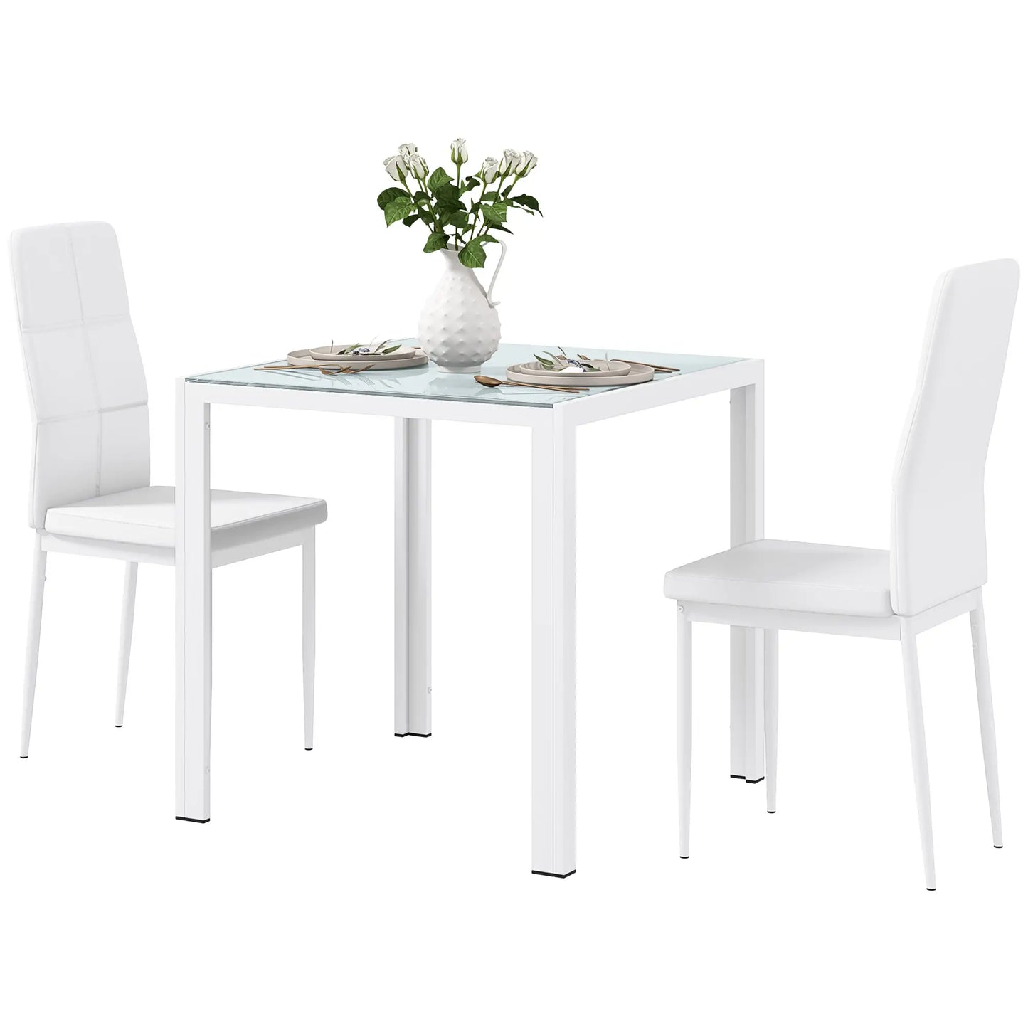 3-Piece Rectangular Glass Dining Table, Metal Frame, Faux Leather Chairs, White Bar Sets White at Gallery Canada