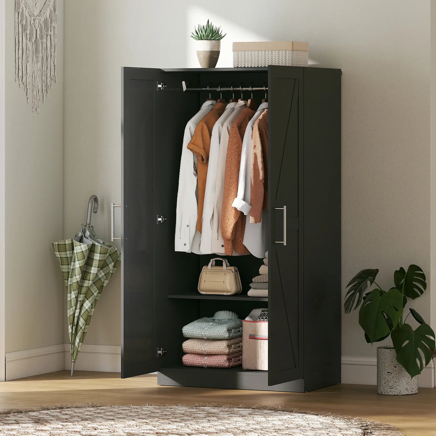 Barn Door Wardrobe Cabinet, 2 Doors With Hanging Rod, Wood Effect, Black