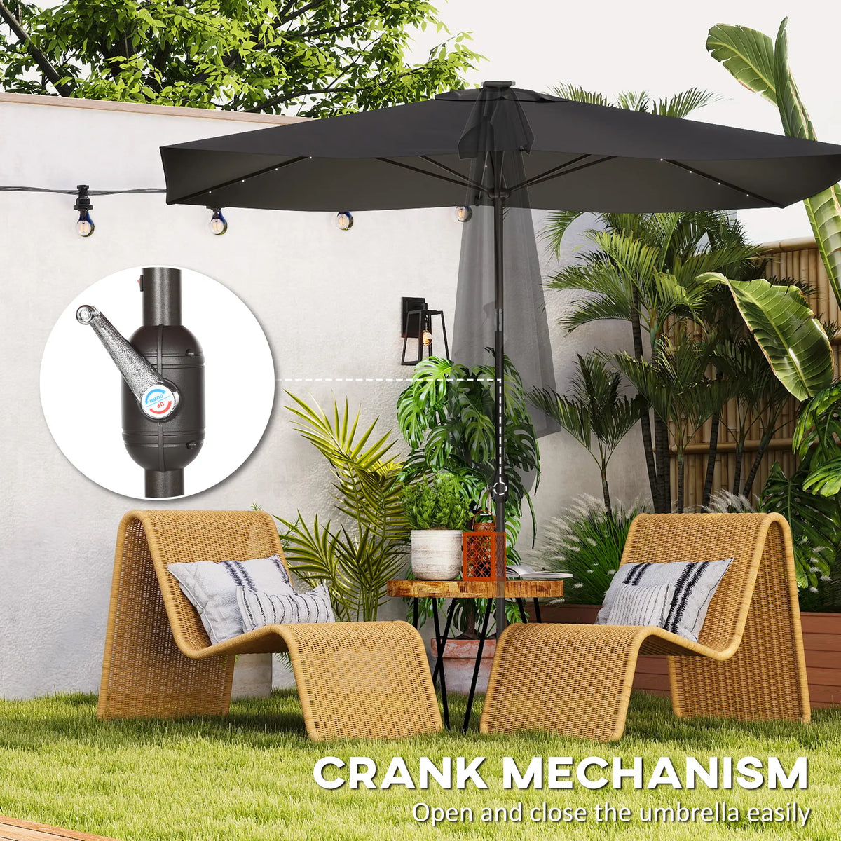 6.5x10ft Rectangle Tilt Patio Umbrella With LEDs, Black Sun Umbrellas at Gallery Canada