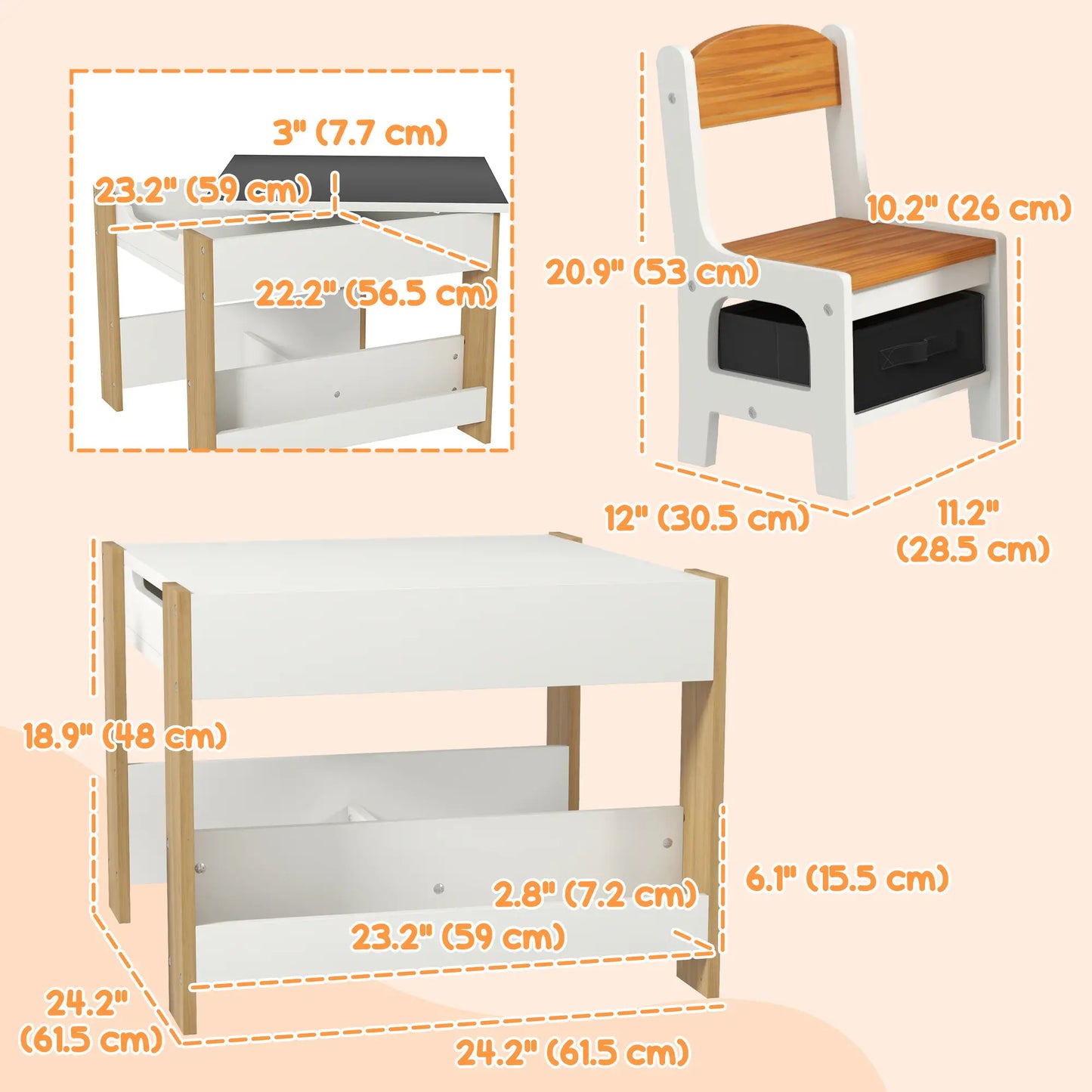 3 Piece Kids Table and Chair Set, Reversible Tabletop, Blackboard, Storage, Bookshelf, Natural Kids Table Sets at Gallery Canada