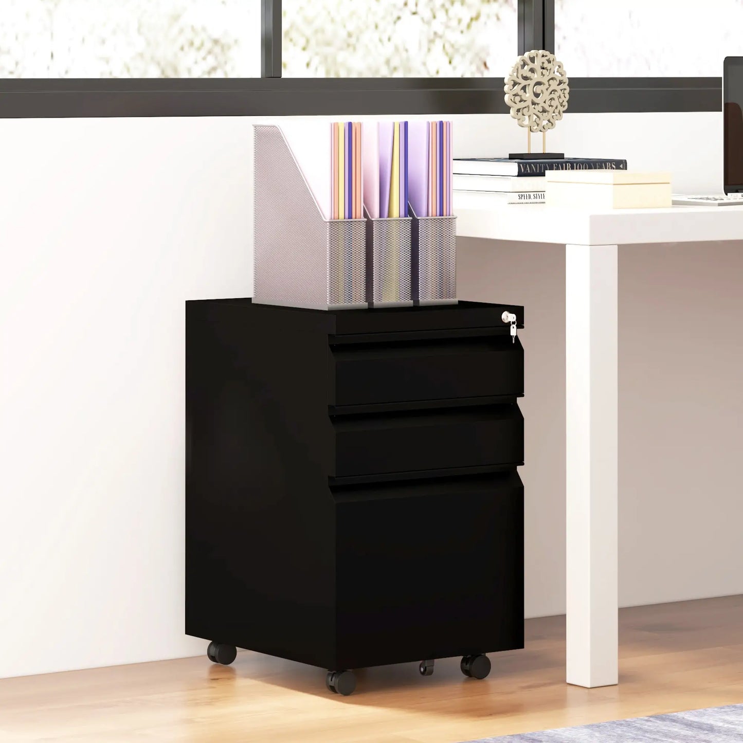 3 Drawer File Cabinet with Lock, Steel, 5 Wheels, Black Office Cabinets & Cupboards at Gallery Canada