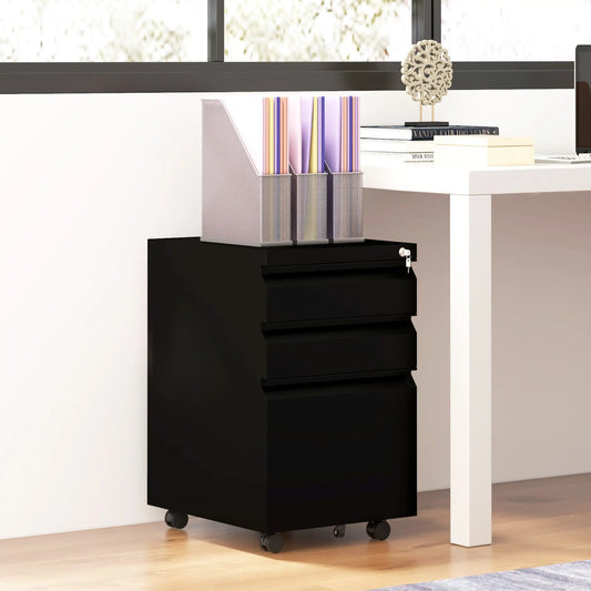 3 Drawer File Cabinet with Lock, Steel, 5 Wheels, Black Office Cabinets & Cupboards Black at Gallery Canada