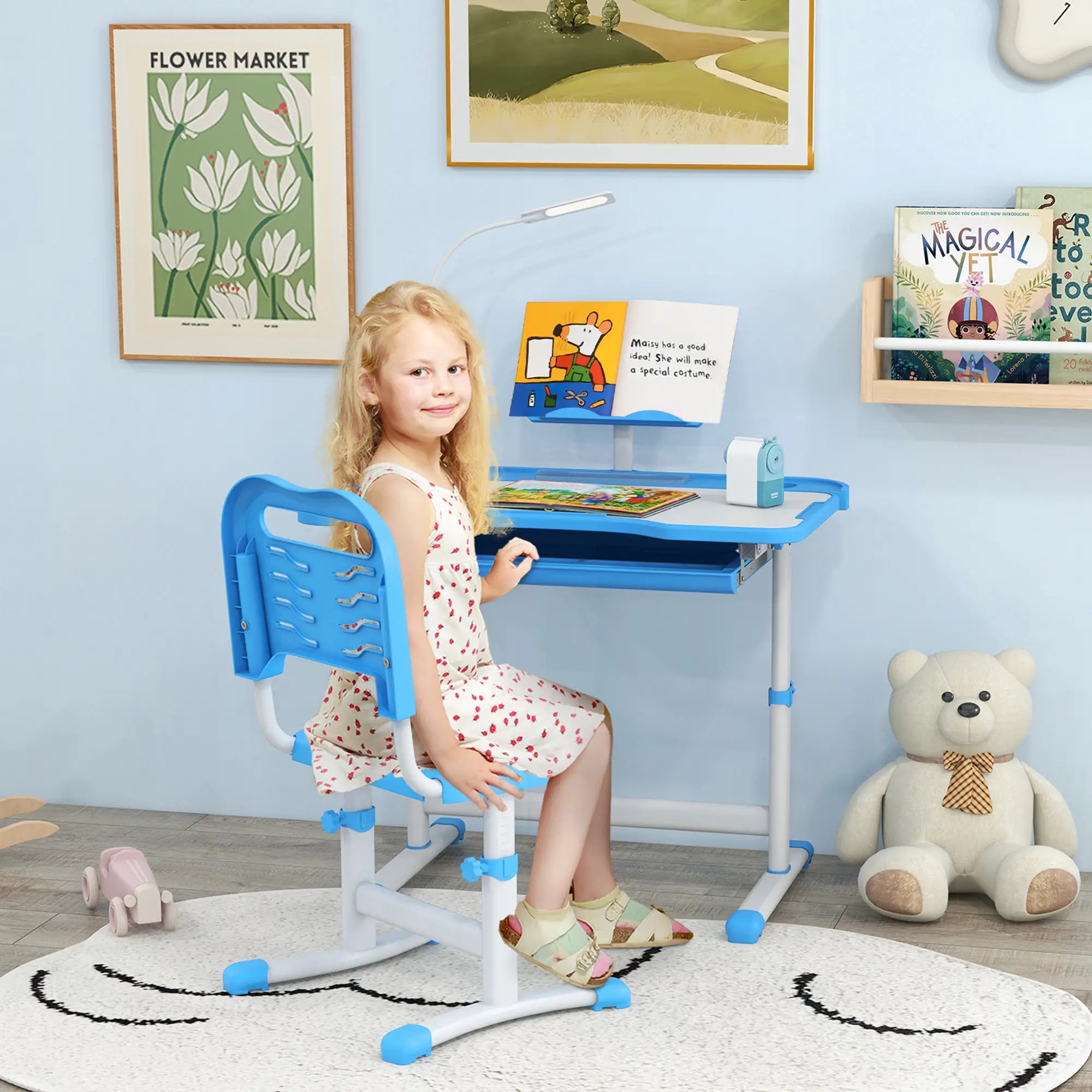 Adjustable Kids Desk and Chair Set, Tilt Desktop, Blue Kids Desk Sets at Gallery Canada