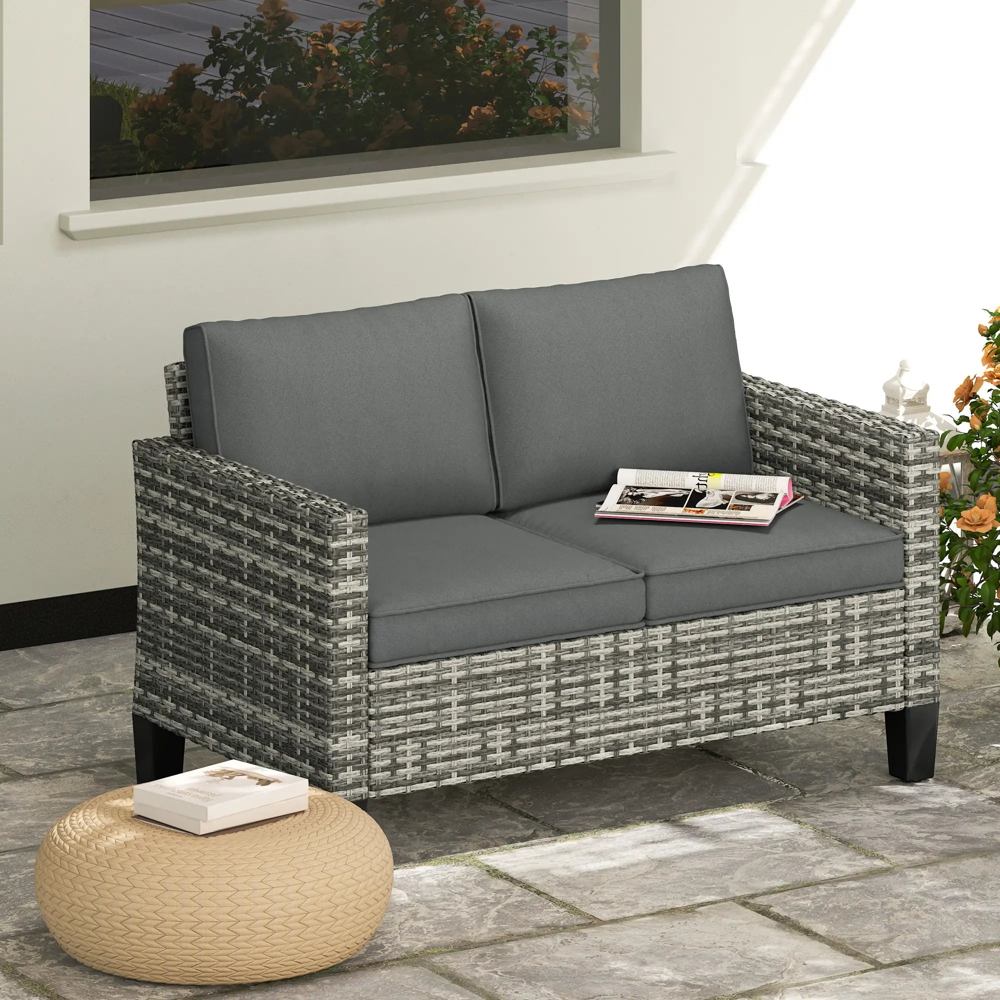 2 Seater Rattan Outdoor Sofa with Cushions, Dark Grey Patio Furniture Sets at Gallery Canada